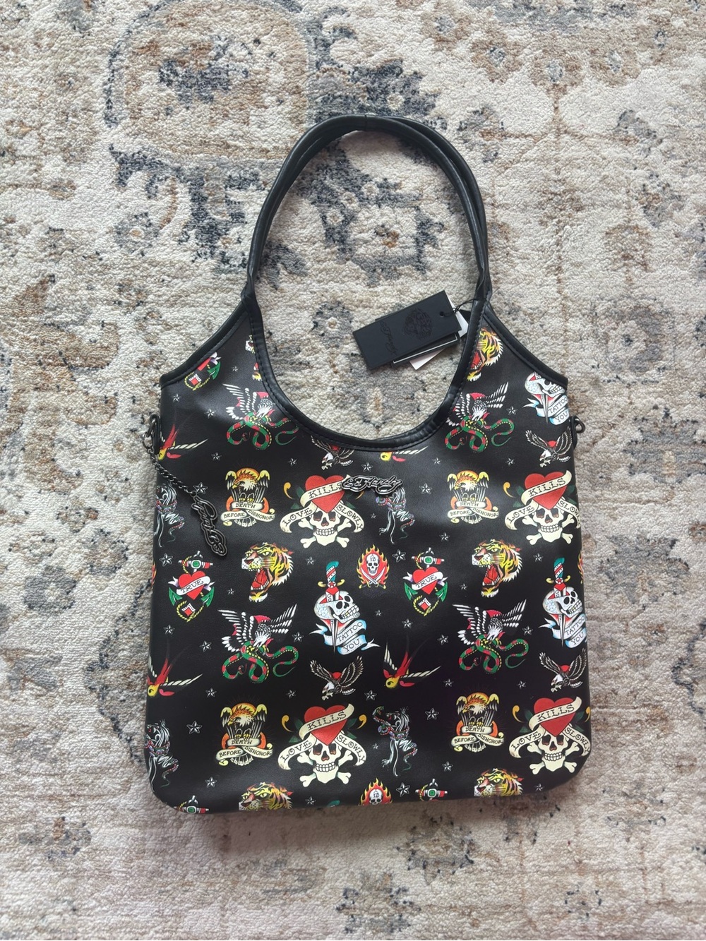 Ed Hardy Black Tattoo-Print bag with Multicolor Graphics